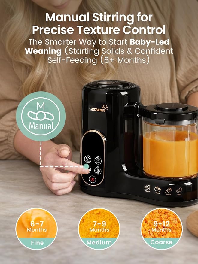 Grownsy Baby Food Maker & Processor with Dual-Layer Steam Basket,Black&Gold | Steamer & Blender, Healthy Homemade Baby Food Purees, Starting Solids & BLW, Baby Feeding Essentials, 6+ Months