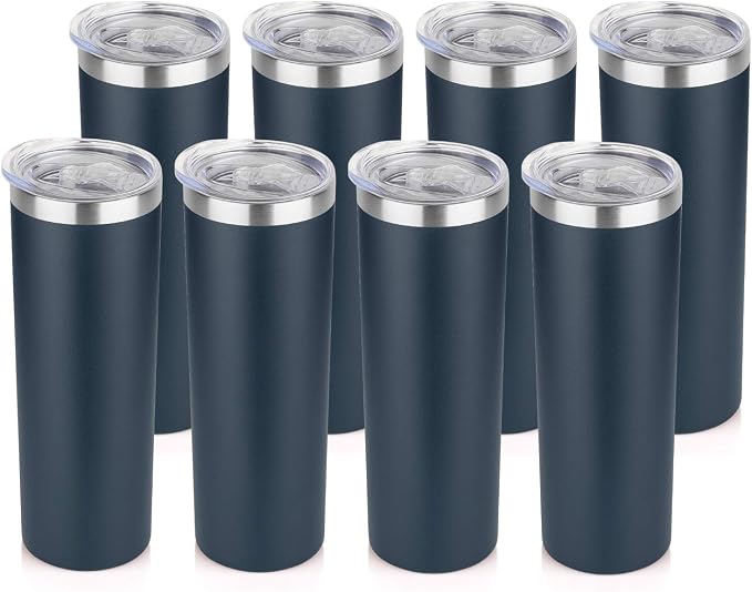 HASLE OUTFITTERS 20 oz Skinny Tumblers Bulk Set, Stainless Steel Insulated Slim Tumblers with Lids, Reusable Double Wall Travel Coffee Mugs, Durable Powder Coated Travel Water Cups(Navy, 8)