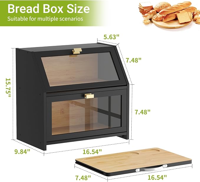 BMOSU Bread Box with Cutting Board for Kitchen Countertop Corner Bread box Double Layer Bamboo Extra Large Capacity Bin Kitchen Food Storage Container (Black)