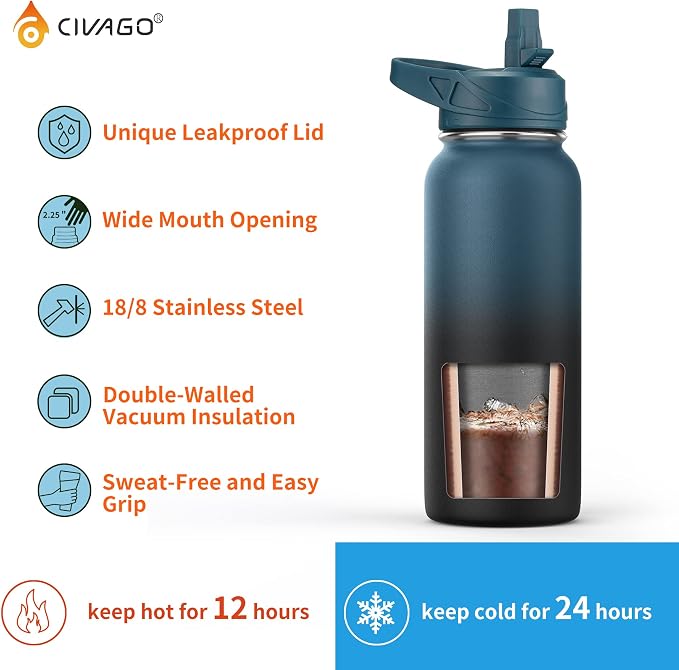 CIVAGO 32 oz Insulated Stainless Steel Water Bottle With Straw and 3 Lids | Large Metal Sports Water Jug, Leakproof Reusable Wide Mouth Thermal Flask Cup with Silicone Boot, BPA-Free, Indigo Black