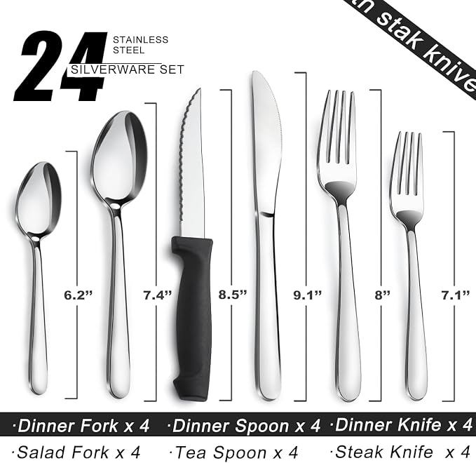 Pleafind 24-Piece Silverware Set - Stainless Steel Cutlery Set with Steak Knives, Forks, Spoons and Knives, Flatware Set for Home or Restaurant Use, Mirror Polished & Dishwasher Safe
