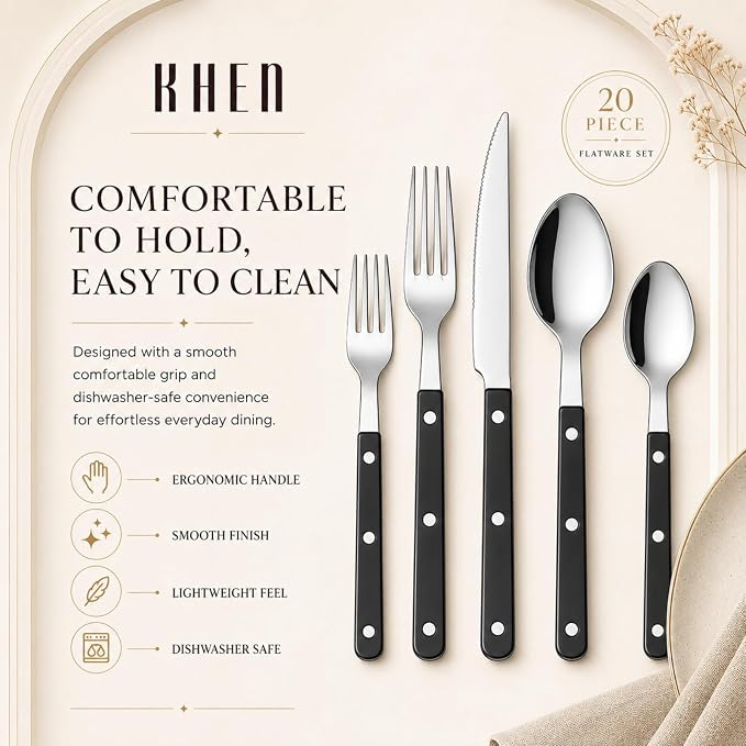Cutlery 20-Piece Flatware Set, Stainless Steel Silverware - Black | 18/8 Stainless Steel | Dishwasher Safe | Ergonomic Handles | Lightweight Design | Service for 4 | Built for Daily Use