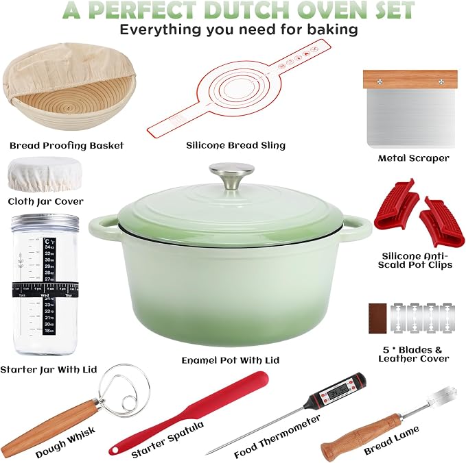 Enameled Cast Iron Dutch Oven Pot with Lid, 5QT Dutch Oven for Bread Baking | Round Bread Oven, Sourdough Bread Baking Supplies, Banneton Bread Proofing Basket, Starter Jar, Lame, Oven Safe up to 500°F