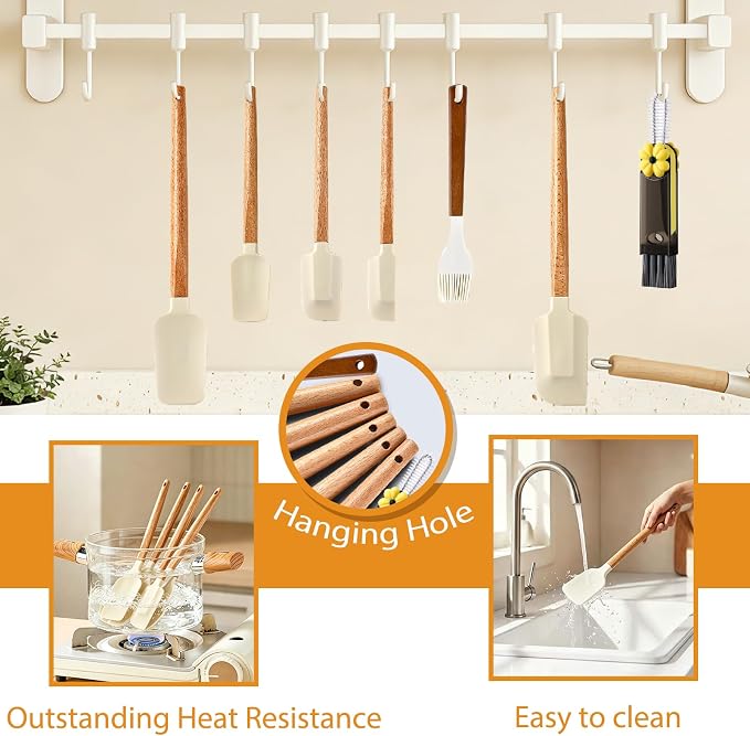 7 Piece Silicone Spatula Set, Food Grade Rubber Spatula Set with Wooden Handle, Heat Resistant Up to 600°F, Silicone Utensils Set for Baking, Cooking & Mixing, Jar, Non-Stick Kitchen Utensils