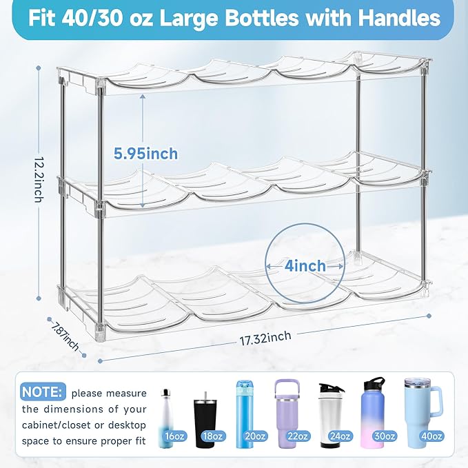 Larger Water Bottle Organizer for Stanley 40 oz Tumbler, Tumbler Organizer | Stackable Water Bottle Holder Rack for Cabinet, Kitchen Storage Organizer for for Stanley Cup Accessories, Tumbler Storage