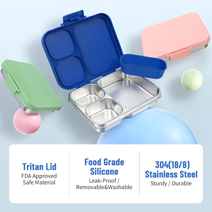 LOHASOK Stainless Steel Lunch Box, 34oz/1000ml, Blue | 3-Compartment, Metal Bento Container, Leak Proof, Plastic Lid, for Kids Adults, BPA/BPS Free, Dishwasher Safe