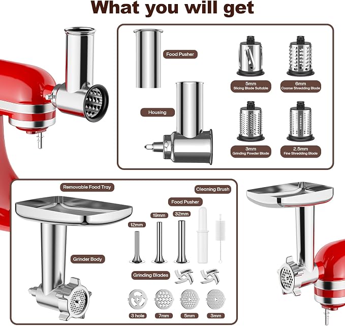 HOZODO Meat Grinder & Cheese Grater Attachments for KitchenAid Mixer | 2-Pc Set with Stainless Steel Slicer Shredder & Food Grinder, Kitchen Aid Accessories and Attachments
