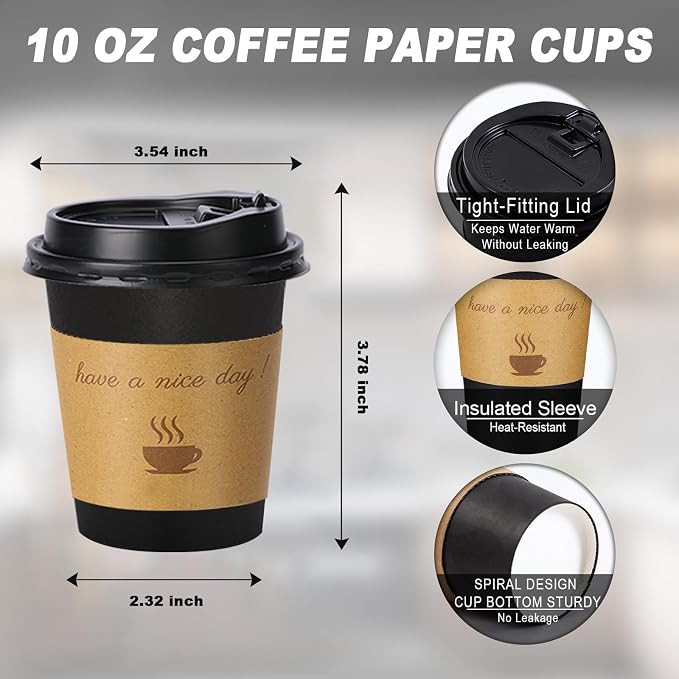 Lamosi 100 Pack 10 oz Coffee Cups, Disposable To Go Paper Cups with Lid | Hot Insulated Cups with Lids, Stir Sticks and Sleeves for Cold Drinks, Tea and Latte, Cafe, Travel and Home Use