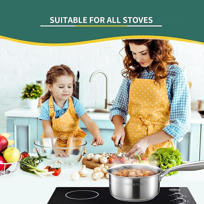 DELARLO Tri-Ply Stainless Steel Hybrid Non Stick Saucepan 1.5 Quart | Small Sauce Pot, Induction Cooking Saucier, Honeycomb Heavy Duty Sauce Pan Cookware, PFOA&PTFE Free