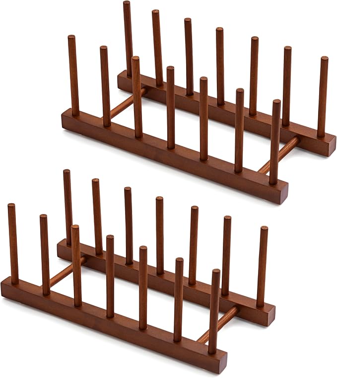 HBlife 2 Packs Teak Wooden Dish Drying Rack Kitchen Plate Organizer Holder | 6 Slots, Vertical Dish Racks for Cabinet Countertop & Wall, Plate Pot Lid Cutting Board Holder, Bowl Cup Drainer, Keep Dry