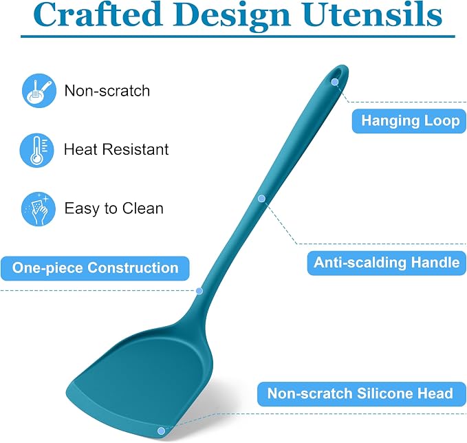 LIANYU Non-Toxic Kitchen Cooking Utensils Set, 8Pcs Blue Silicone Tools | Heat Resistant Cooking Gadgets for Nonstick Cookware, Includes Silicone Spatula, Ladle, Spoon Turner, Dishwasher Safe