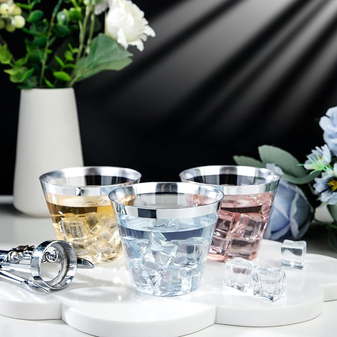 IOOOOO 200pcs Silver Disposable Plastic Cups 9 oz Clear Plastic Cups Old Fashioned Tumblers Silver Rim Cup Disposable Party Cup Elegant Silver Wine Glasses Cocktail Cup