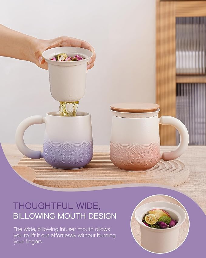 ZENS Tea Mug with Infuser and Lid for Loose Tea Diffusers, 12oz Purple | Embossed Ceramic Tea Cup with Infuser for Herbal Tea Steeper, Tea Lovers Gifts, Japandi Style Sunflower