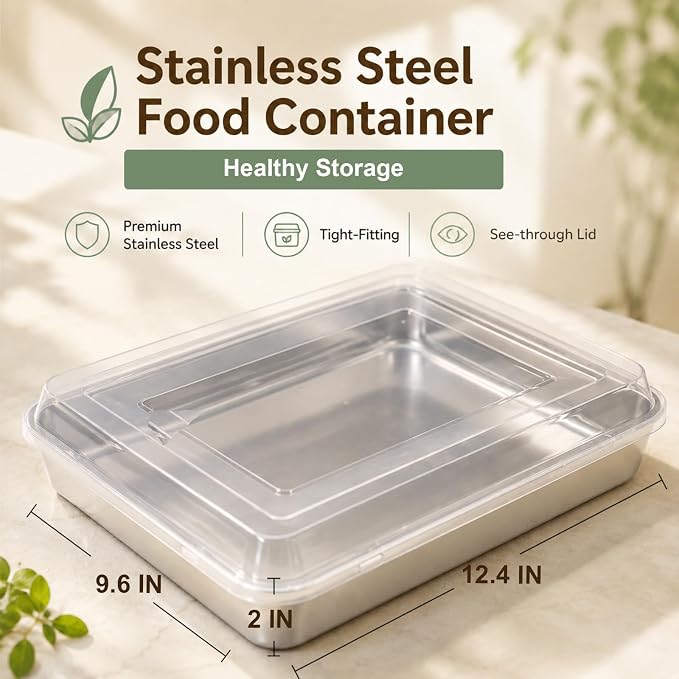E-far Stainless Steel Baking Pan with Lid, 12⅓ x 9¾ x 2 Inch for Cake | Rectangle Cake Pan with Cover for Brownies Casseroles, Non-toxic & Healthy Bakeware, Heavy Duty & Dishwasher Safe