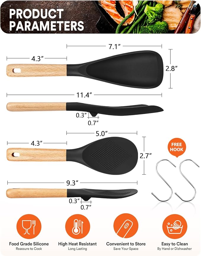 Cooking Spoon and Rice Scooper for Nonstick Cookware,Multi-function | Great for Cooking and Serving, Sturdy BPA-Free Matte Silicone, Wood Handle Spoon for Mixing, Scoop, and Scrape,9.3"+14.3"