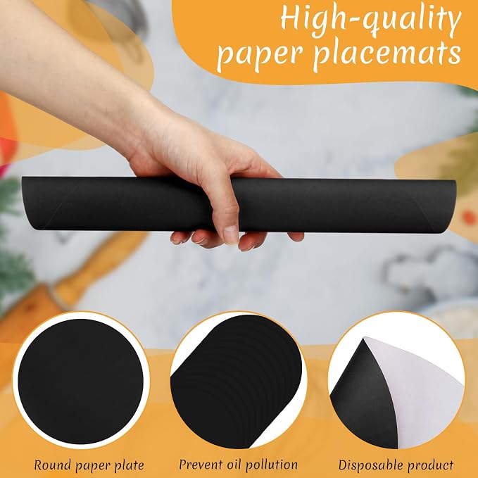 Yeaqee 120 Pcs Disposable Paper Placemats 12 Inch Round Paper Place Mats Blank Table Mats for Restaurant Catering Dining Weddings Birthday Table Holiday Parties Supplies(Black)