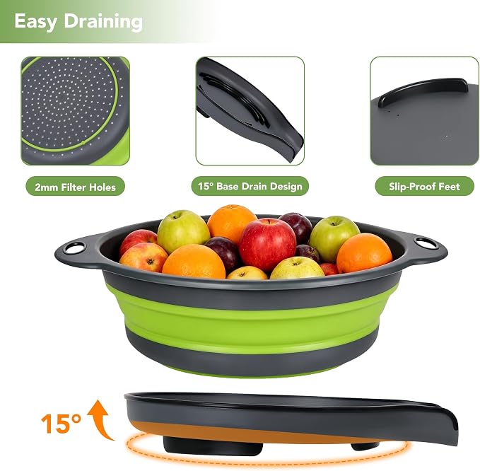 3-Pack Collapsible Colander for Kitchen with Self-Draining Base Foldable Strainers Set Round Silicone Food Drainer for Pasta Fruits and Vegetables (3QT, 4QT and 5QT)