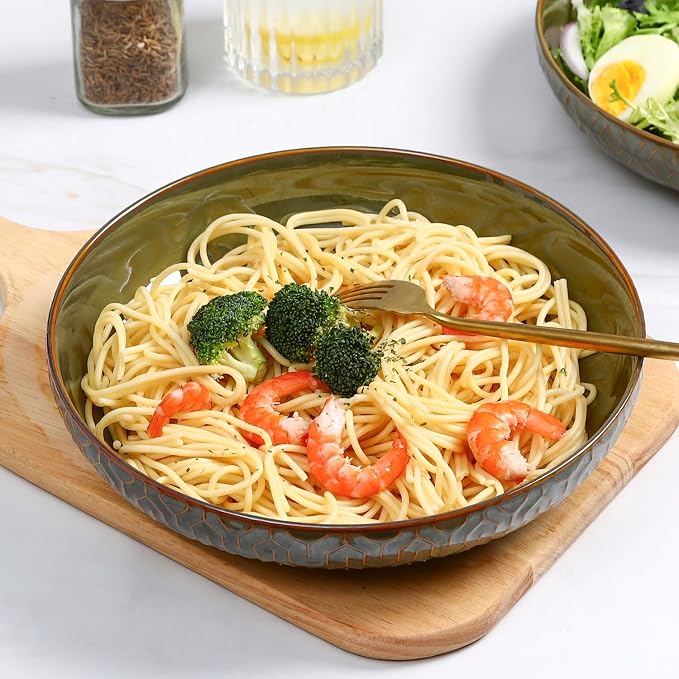 Sureasy Pasta Bowls Set of 4, 30oz Large Ceramic Embossed Bowl Plates, 8.5 Inch Wide and Shallow Plate Bowls, Salad Bowl, Microwave, Oven & Dishwasher Safe, Green