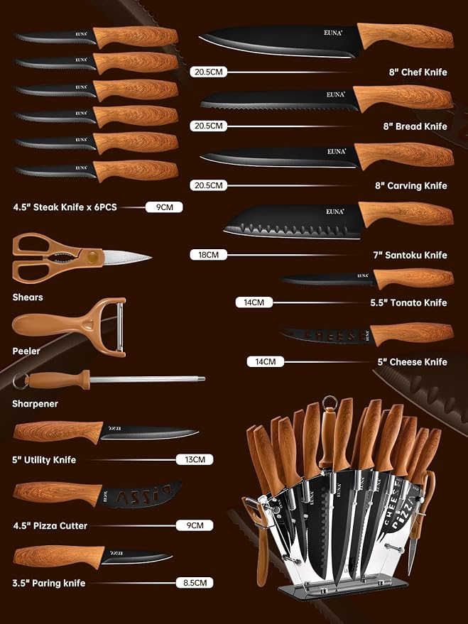 EUNA Knife Block Set, 19 PCS Kitchen Knife Set with Acrylic Block and Sharpener, German High-Carbon Stainless Steel Knife Sets with 6 Serrated Steak Knives, Bread Knife, Chef Knife, Dishwasher Safe