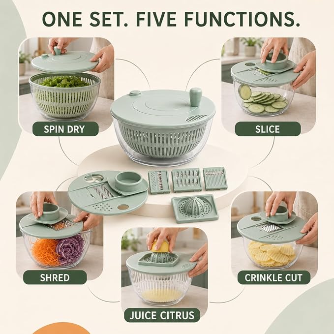 5-Blade Salad Spinner, Mandoline Vegetable Slicer and Juicer, White | 304 stainless steel blades for slicing, shredding and crinkle cuts, with lettuce dryer basket, egg separator and food holder