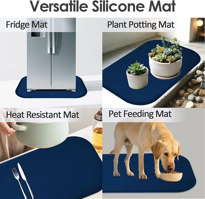 Silicone Coffee Maker Mat with Lip for Countertops, 24'' x 16'' Navy Blue | Multi leak-proof coffee tray for countertop, non-slip silicone mat fits most coffee makers & espresso machines, wipe-clean