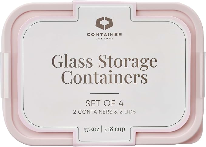 Glass Food Storage Containers with Lids — 4 Piece — 57.5 oz Glass with BPA-Free Leakproof Stackable Lids — Microwave, Oven & Dishwasher Safe — Ideal for Meal Prep & More - Berry Blush