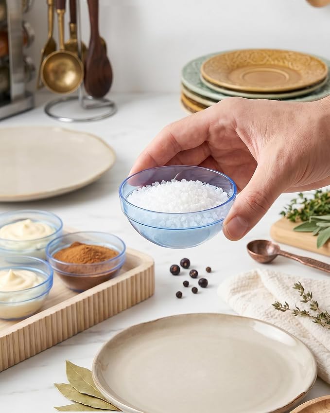 bUCLA 50 Pack Plastic Prep Bowl Sets, 6oz Clear Blue Small Pinch Bowls | Small Bowls for Salt, Spices, Chopped Ingredients, Dipping Sauces, Ice Cream Toppings, Pudding