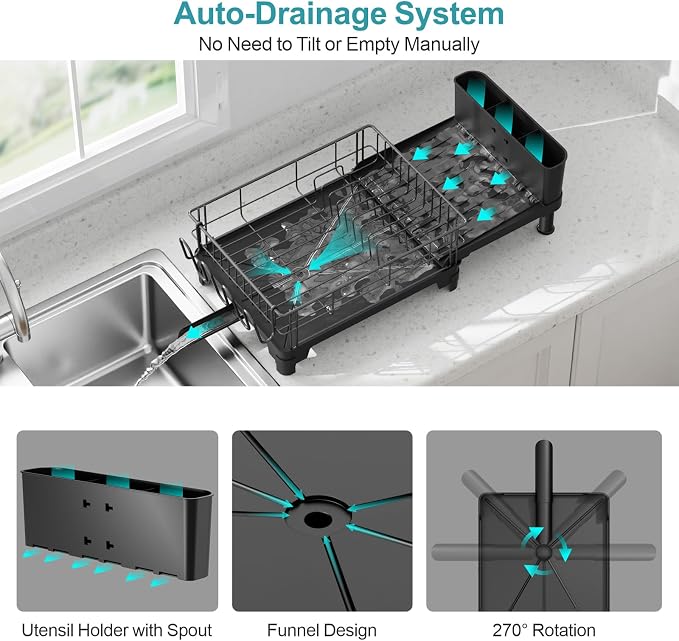 Large Dish Drying Rack - Expandable for Kitchen Counter, Black | 18.7-25.2 in Extendable Length, Vertical Pot Storage, Auto-Drain Spout, Removable Utensil Holder, Rust-Resistant Frame