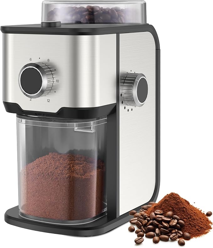 AYCHIRO Flat Burr Coffee Grinder Electric, Coffee Grinder with 14 Grinding Levels,Burr Mill Grinder with 2-12 Cups for Espresso, Drip Coffee and French Press,Stainless Steel