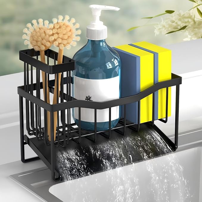 Fssvcd Maifan Sink Caddy Sponge Holder for Kitchen with Brush Holder and Stainless Steel Self Drain Tray, Rustproof Kitchen Sink Organizer for Sponge, Soap Dispenser Storage Accessories