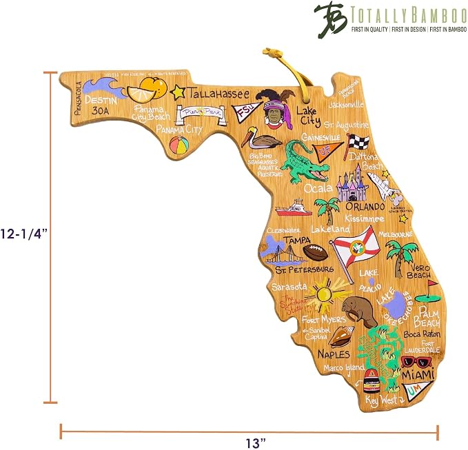 Totally Bamboo Florida State Shaped Cutting Board, Art by Fish Kiss | State charcuterie board with colorful hand-drawn map artwork. Smooth reverse side for food prep. Hang tie for wall display.