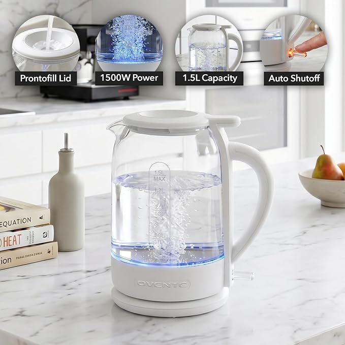 OVENTE 1.5L Glass Electric Kettle Water Boiler, White KG516W | 1500W Fast Boiling, Easy Fill Lid, Stainless Steel Filter, LED Indicator, Auto Shut-Off, Boil-Dry Protection, 360° Base