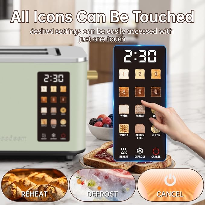 SEEDEEM 2 Slice Toaster with Full Touch Screen, Stainless Steel, 6 Bread Types & 6 Shade Settings, Countdown Display, Removable Crumb Tray, 900W, Green