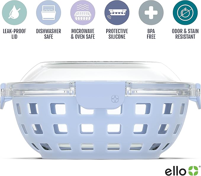 Ello DuraGlass Food Storage Glass Lunch Bowl Container - Meal Prep Container with Silicone Sleeve and Airtight Lid, 5 Cup, Blue | Leakproof glass meal prep salad bowl. BPA-free lid, silicone sleeves, great for meal prepping, food storage, and leftovers.