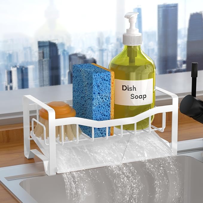 Stainless Steel Kitchen Sink Caddy Organizer with Auto Drain Tray, Sponge Holder for Countertop Storage (White)