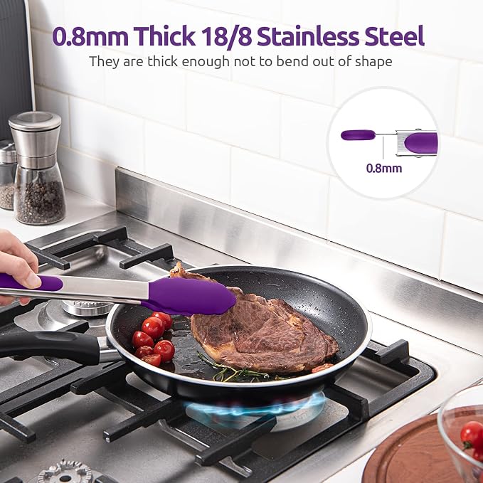 U-Taste Kitchen Tong for Cooking, 600ºF Heat-Resistant Tps, 12in/Purple | Large Tongs for Serving Food, Big Rubber Tong for Grill/BBQ, Silicone Tips & 18/8 Stainless Steel Handle, Smooth Locking