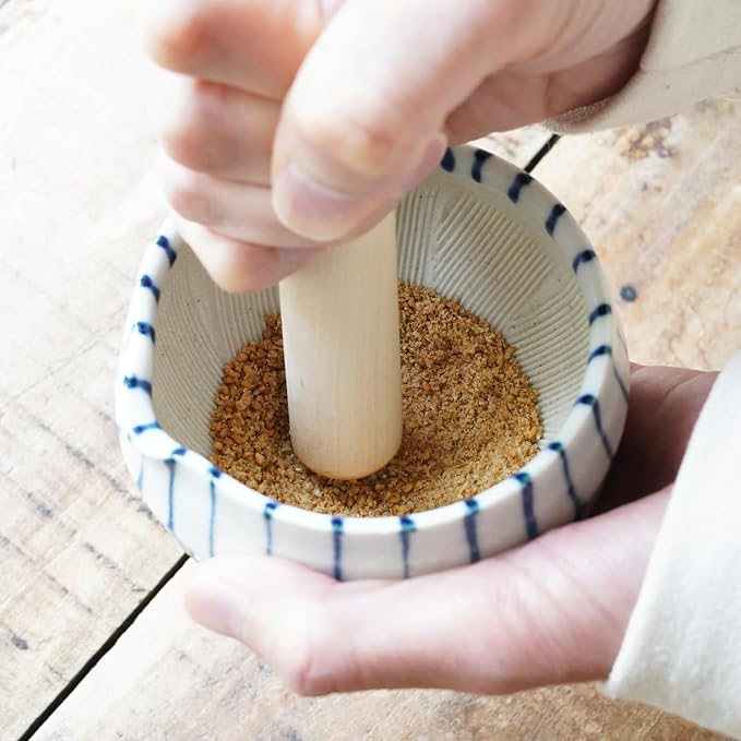 Traditional Japanese Mini Sesame Seed Grinder with Pestle - Mino Takada-yaki Ceramic - Deep Amber - Ideal for Dressings and Sauces (Indigo Stripe)