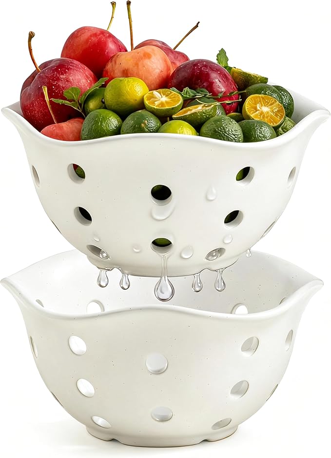 Gomakren Fruit Basket Set of 2, Ceramic Fruit Bowl Berry Basket with Holes, 7.6 Inch Fruit Containers Colander for Fridge - Farmhouse Kitchen Decor, Cream White