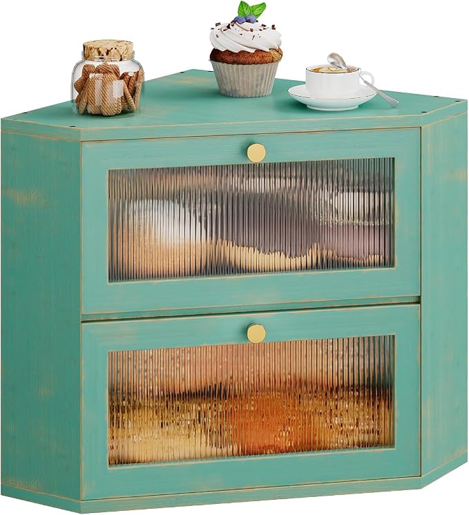 Trironsun Corner Bamboo Bread Box for Kitchen Counter Double Layer Bread Storage Container Large Capacity Bread Storage Bin with Wavy Arcylic Transparent Door (Antique Blue)