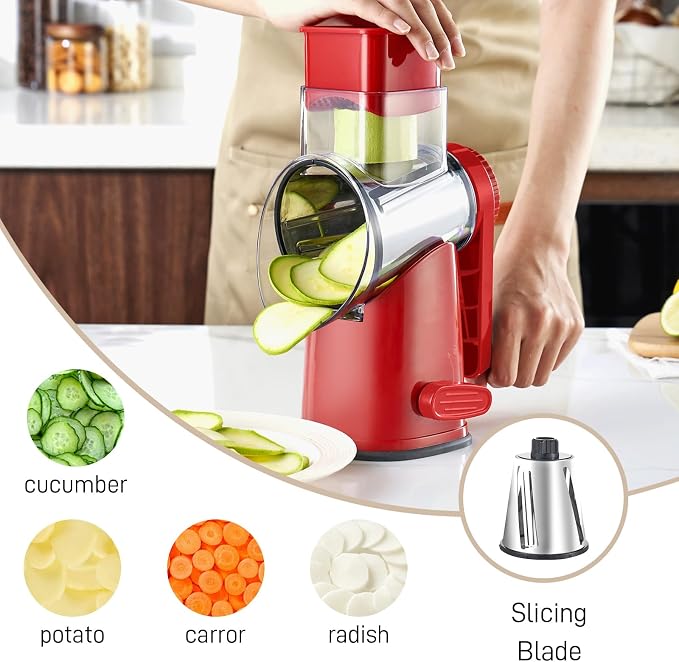 Weltonhm 4 in 1 Large Rotary Cheese Grater Hand Crank (red, 4 Graters) | Cheese Shredder Rotary and Slicer with 4 Stainless Steel Blades for Vegetables, Veggie and Cheese, Stronger Suction Base