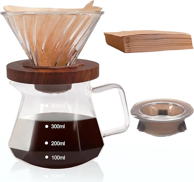 Pour Over Coffee Maker 400ml Borosilicate Glass Drip | Coffeemaker Server Set with 50pcs V60 Cone Paper Filters Walnut Collar Glass Lid Clear Hand Brew Dripper Carafe 13.5oz