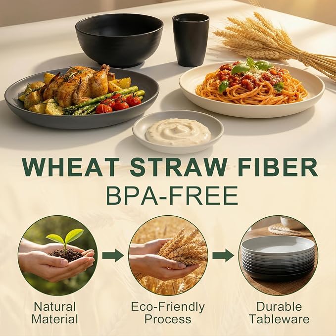 40 Piece Plates and Bowls Sets for 8, Unbreakable Wheat Straw Dinnerware Sets for 8, Microwave Safe Dishes Set for 8, Plastic Dinnerware Set for Home, Apartment, Dorm - BlackBeige