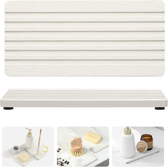 2PCS Diatomite Quick Stone Drying Tray Mat for Bathroom & Kitchen Counter, Instant Dry Water Absorbent Drink Bar Coasters,Vanity Sink Caddy Organizer,Dish Soap Sponge Holder, Ivory,8"x3.8"