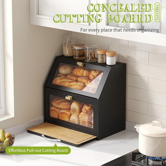 BMOSU Bread Box with Cutting Board for Kitchen Countertop Corner Bread box Double Layer Bamboo Extra Large Capacity Bin Kitchen Food Storage Container (Black)