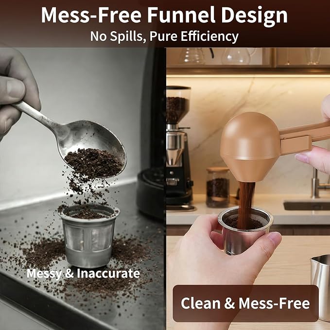 Coffee Scoop with Funnel for Reusable K Cup, 2 TBSP Measuring Spoon | Mess-Free Funnel Design, Sliding Leveler for Precise 2 TBSP, Long Handle for Coffee, Protein Powder & Tea (1-Pack)