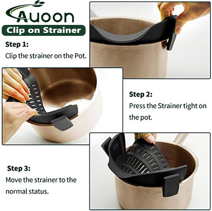 AUOON Pasta Strainer Clip on Silicone, Standard 8.86 x 3.55 in, Fog Blue | BPA-free, Fits All Pots Pans Bowls, Dishwasher Safe, for Meat Noodles Vegetable Fruits, Space-saving Kitchen Gadget