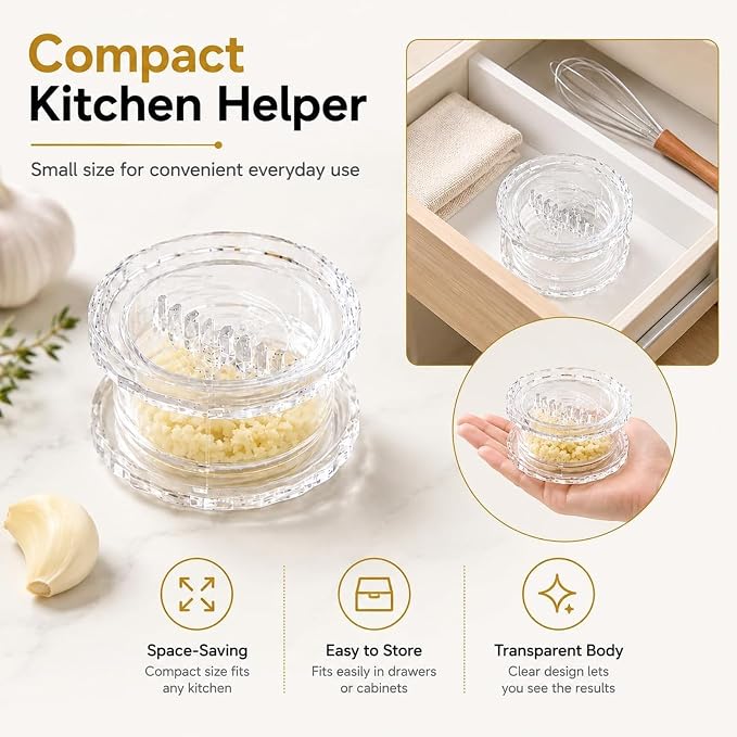 4 Pack Garlic Presses Clear, Manual Garlic Twister Masher - Plastic Garlic Grinder and Mincer Tool Dishwasher Safe & Easy to Clean Rotary Chopper for Garlic, Chili, Onion and Nuts, Compact