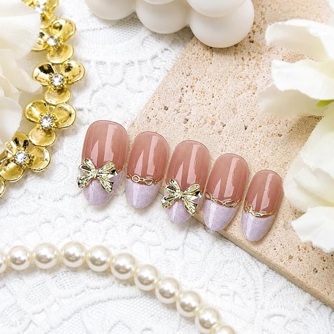 30Pcs Medium Almond Press On Nails Pink French Tip Fake Nails with 3D Metal Bow Rhinestone Design Cute Artificial Stick On Nails Full Cover Acrylic Nail Tips False Nails for Women Manicure