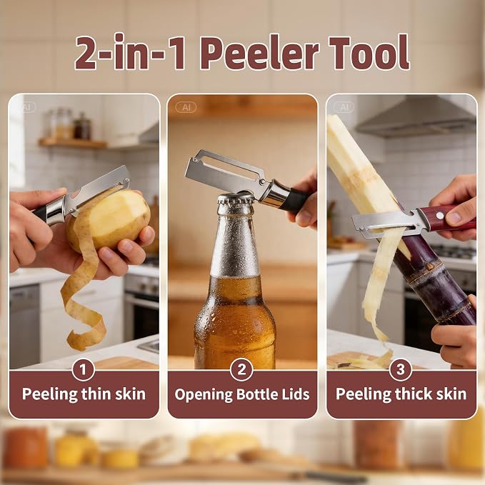Multifunctional Vegetable Peeler for Peeling Potato Carrot(2 Pack) | 2 in 1 Stainless Steel Fruit Veggie Peeler | Bottle Opener | Handheld Fruit Cucumber Slicer
