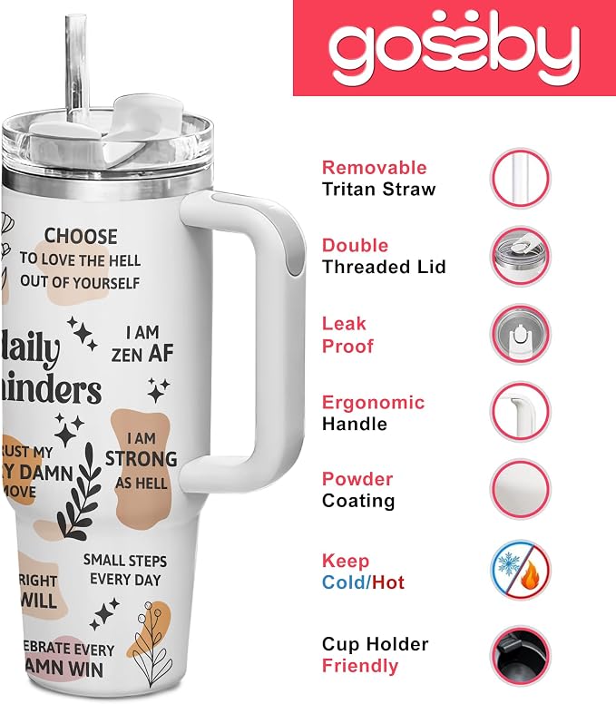 Gossby Inspirational Tumbler For Women, 30oz Stainless Steel With Handle | Daily Affirmations For Women, Inspirational Cup, Motivational Mental Health Gift, Birthday Gifts For Friends, Nurse, Coworker